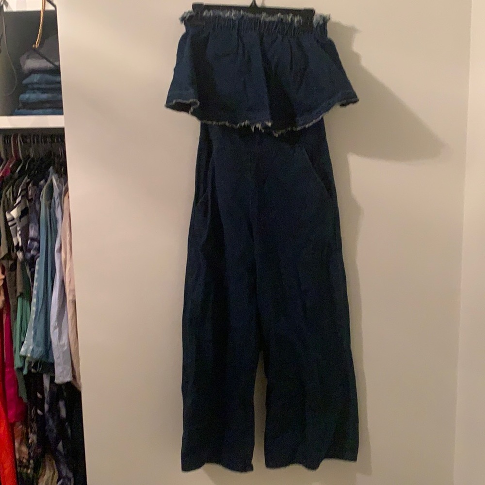 Strapless denim romper.